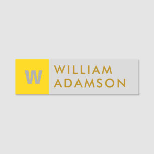 Modern Monogram Initial, Elegant Gold Grey Name Tag
