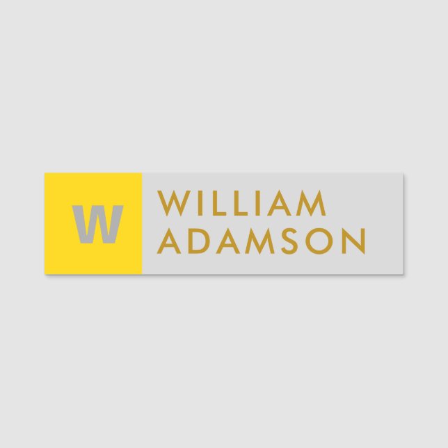 Modern Monogram Initial, Elegant Gold Grey Name Tag (Front)