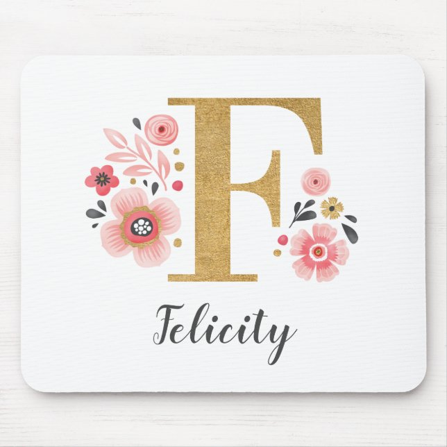 Modern Monogram Initial Girly Pink Floral Mouse Pad (Front)