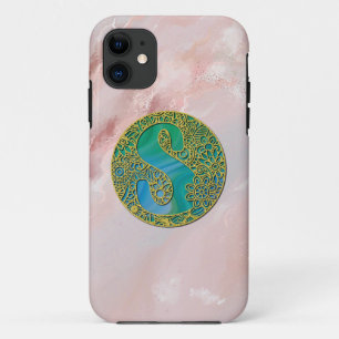 Modern Monogram Initial Gold Letter and Turquoise iPhone 11 Case