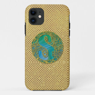 Modern Monogram Initial Gold Letter and Turquoise iPhone 11 Case