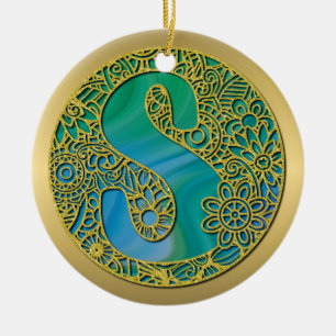 Modern Monogram Initial Gold Letter and Turquoise Ceramic Ornament