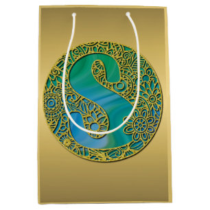 Modern Monogram Initial Gold Letter and Turquoise Medium Gift Bag