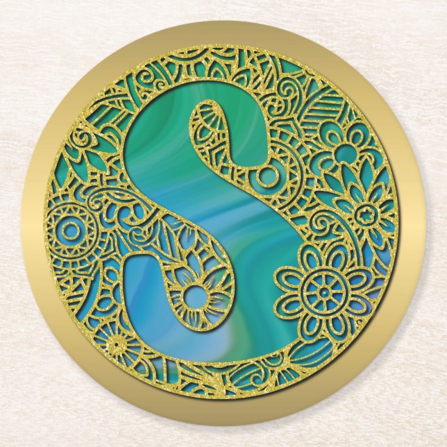 Modern Monogram Initial Gold Letter and Turquoise Round Paper Coaster (Front)