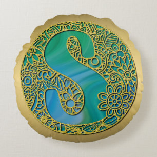 Modern Monogram Initial Gold Letter and Turquoise Round Pillow