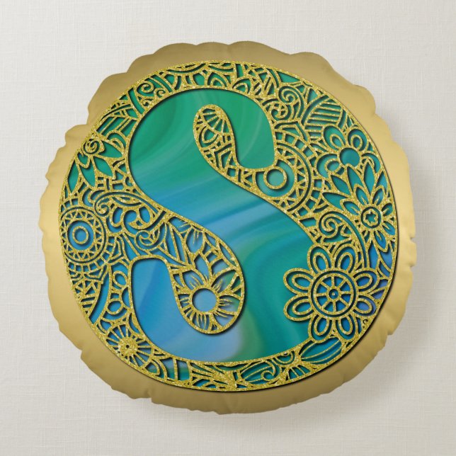Modern Monogram Initial Gold Letter and Turquoise Round Pillow (Front)