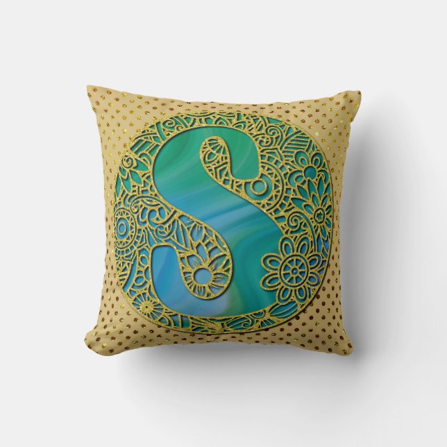 Modern Monogram Initial Gold Letter and Turquoise Throw Pillow (Front)