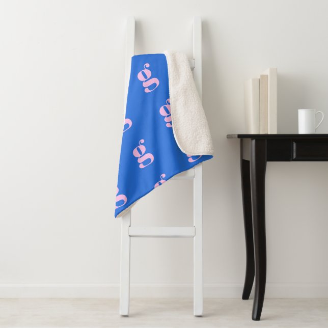 Modern Monogram Initial Letter Bright Blue Pink Sherpa Blanket (In Situ)