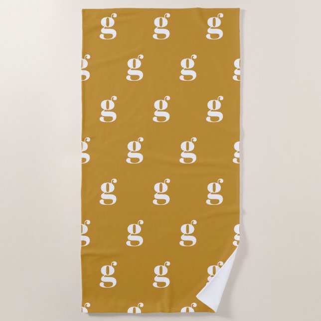 Modern Monogram Initial Letter Mustard Pattern Beach Towel (Front)