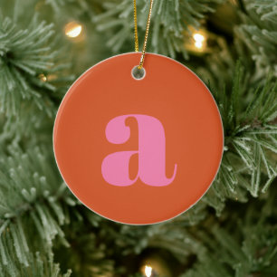 Modern Monogram Initial Letter Pink Burnt Orange Ceramic Ornament