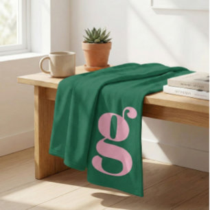 Modern Monogram Initial Letter Pink Green Preppy Fleece Blanket