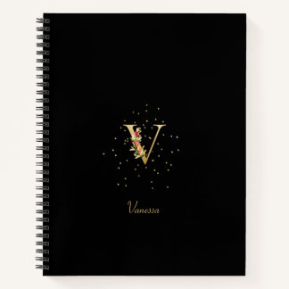 Modern Monogram Initial Letter V Floral Pattern Notebook