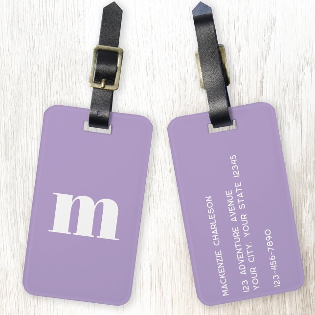Modern Monogram Initial Lilac Purple Luggage Tag (Modern monogram initial personalized pastel lilac luggage tag)