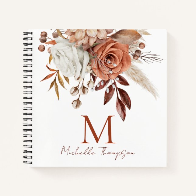 Modern Monogram Initial Name Terracotta Florals Notebook (Front)