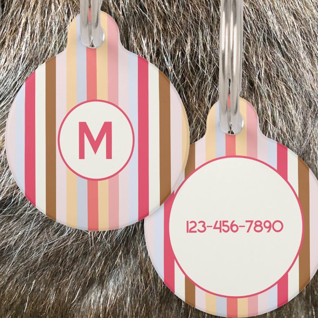 Modern Monogram Initial Pastel Candy Stripe Pet Tag (Pastel Stripe personalized monogram initial phone number pet tag)