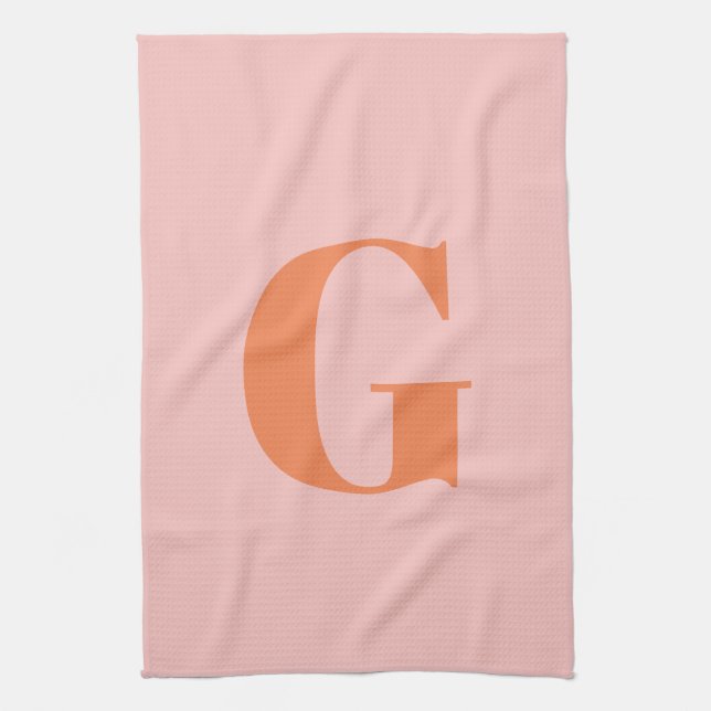 Modern Monogram Initial Pastel Pink and Orange  Kitchen Towel (Vertical)