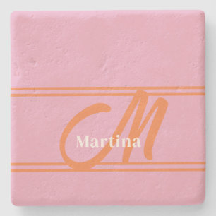 Modern Monogram Initial Pink Orange Stone Coaster
