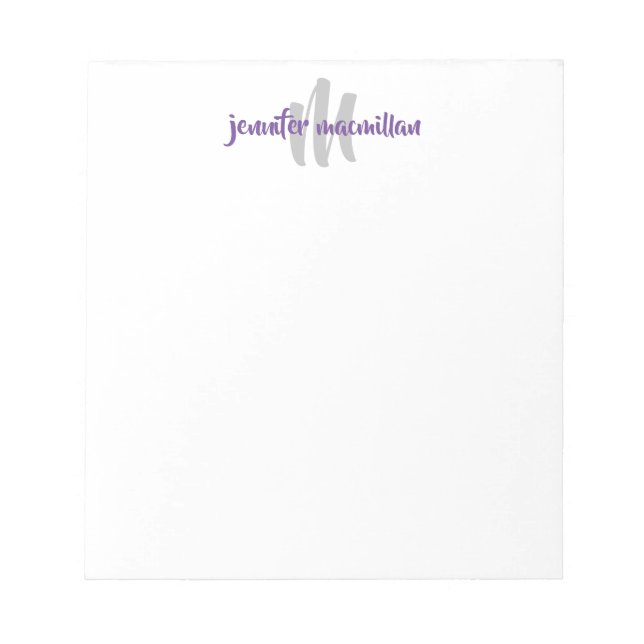 Modern Monogram Initial, Purple-Grey Personalized Notepad (Front)