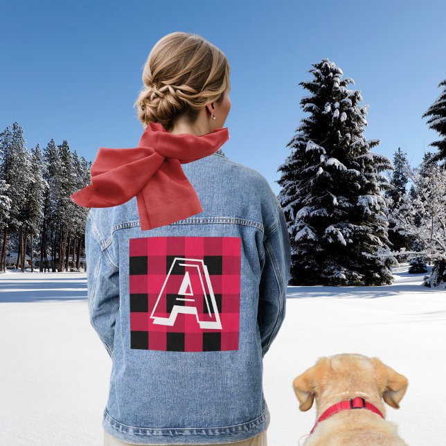 Modern Monogram Initial Red Buffalo Check Stylish Denim Jacket (A denim jacket with monogram initial in a white capital letter, on a red buffalo plaid panel)