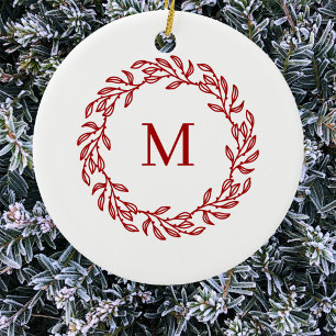 Modern Monogram Initial Red Leaf and Berry Wreath Ceramic Ornament