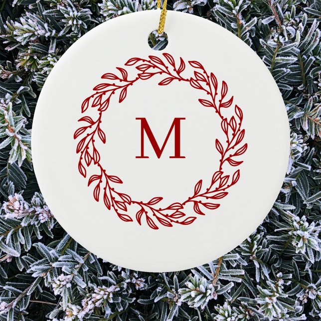 Modern Monogram Initial Red Leaf and Berry Wreath Ceramic Ornament (Modern monogram initial red and white leafy botanical wreath Christmas ornament)