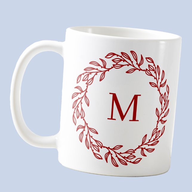 Modern Monogram Initial Red Leaf and Berry Wreath Coffee Mug (Modern monogram initial red and white leafy botanical wreath coffee mug)