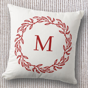 Modern Monogram Initial Red Leaf and Berry Wreath Throw Pillow