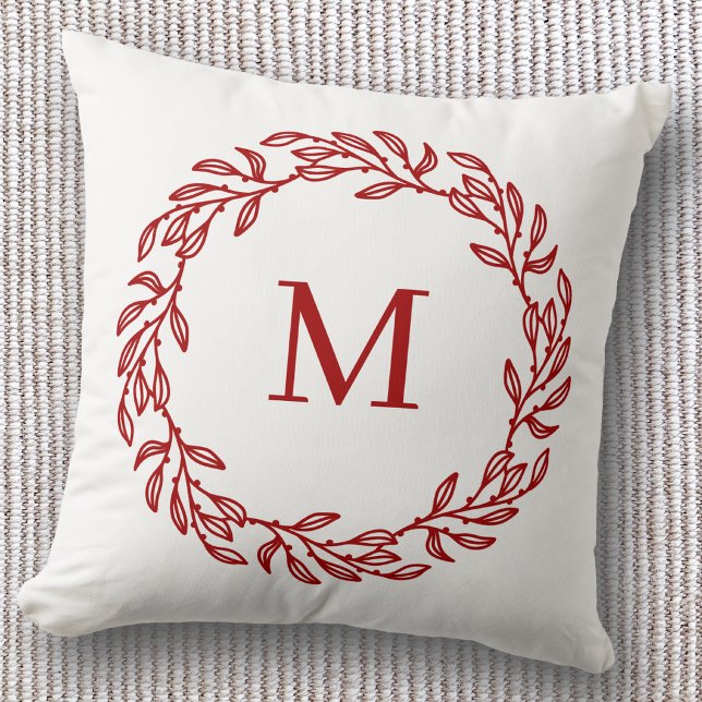 Modern Monogram Initial Red Leaf and Berry Wreath Throw Pillow (Modern monogram initial red and white leafy botanical wreath throw pillow)