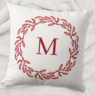 Modern Monogram Initial Red Leaf and Berry Wreath Throw Pillow