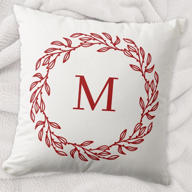 Modern Monogram Initial Red Leaf and Berry Wreath Throw Pillow (Modern monogram initial red and white leafy botanical wreath throw pillow)