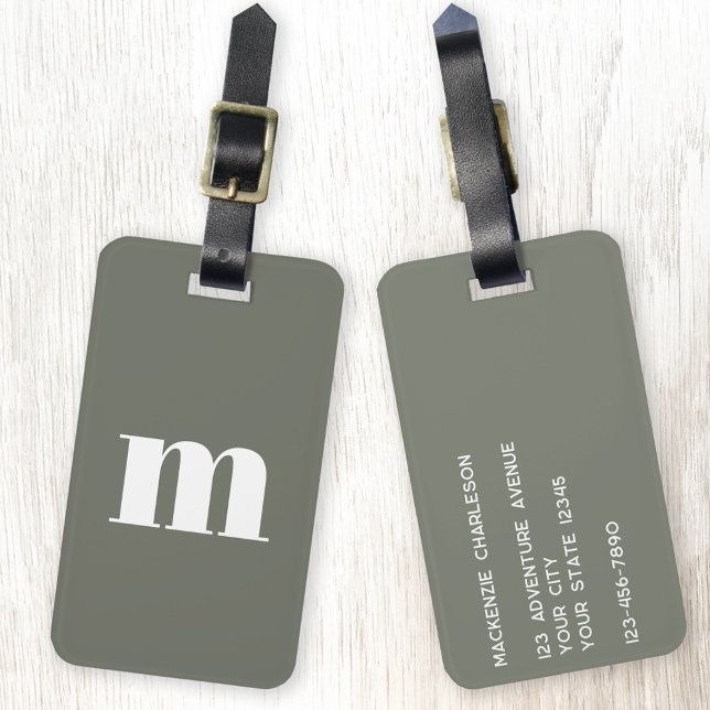Modern Monogram Initial Sage Green Luggage Tag (Simple modern monogram initial personalized sage green elegant luggage tag)