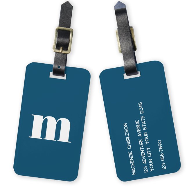 Modern Monogram Initial Teal Green Luggage Tag (Simple lower case monogram initial personalized teal green luggage tag)