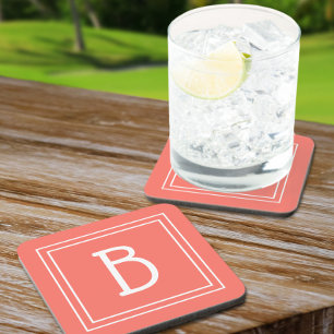 Modern Monogram Initial Template Simple Coral Coaster