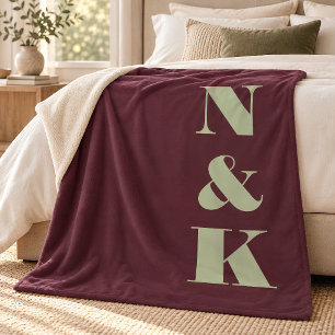Modern Monogram Initials Burgundy Sage Newlywed Fleece Blanket