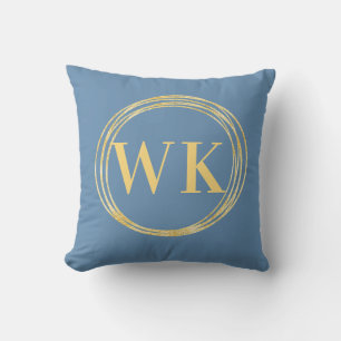 Modern Monogram Initials Dusty Blue Gold Circles Throw Pillow