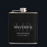 Modern Monogram Initials Groomsmen Wedding Gift Hip Flask<br><div class="desc">This stylish monogrammed groomsman flask features the groomsmen names, initials, title and date written in a trendy, grey minimalist typography. Simply add the names of the groomsmen, their initials, title and date in the personalize section to create your own wedding party flask. Although shown here as a groomsman flask, easily...</div>
