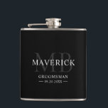 Modern Monogram Initials Groomsmen Wedding Gift Hip Flask<br><div class="desc">This stylish monogrammed groomsman flask features the groomsmen names, initials, title and date written in a trendy, grey minimalist typography. Simply add the names of the groomsmen, their initials, title and date in the personalize section to create your own wedding party flask. Although shown here as a groomsman flask, easily...</div>