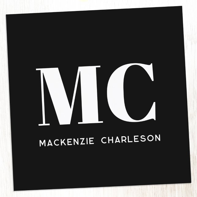 Modern Monogram Initials Name Black Square Business Card (Simple minimalist black and white monogram initial professional square business card)