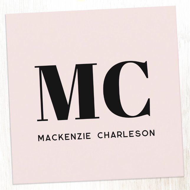 Modern Monogram Initials Name Blush Pink Square Business Card (Simple elegant blush pink monogram initial business card)