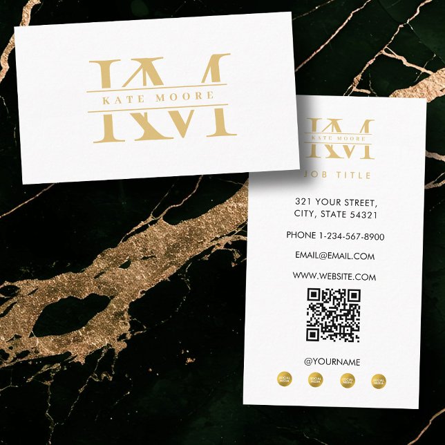 Modern Monogram Initials Professional White Gold Business Card (Modern Monogram Initials Professional White Gold Business Card)
