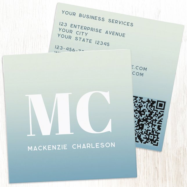 Modern Monogram Initials QR Code Teal Gradient Square Business Card (Simple Monogram Initials QR code aqua teal gradient professional minimalist square business card)