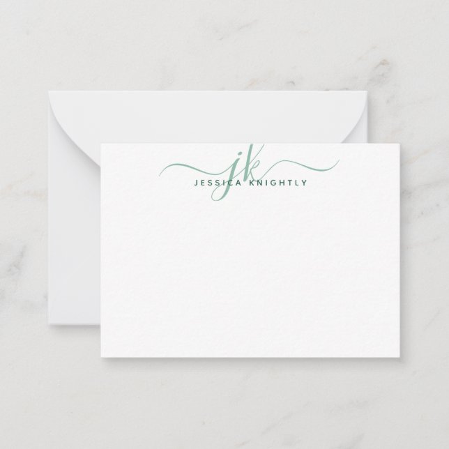 Modern Monogram Initials Script Green Note Card (Front)