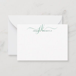 Modern Monogram Initials Script Green Note Card