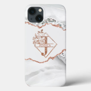 Modern Monogram J White Agate Marble Rose Gold  iPhone 13 Case