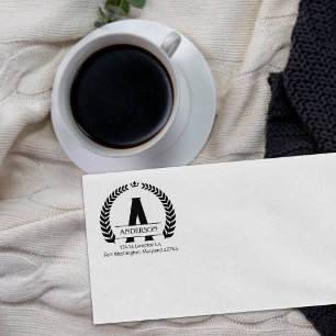 Modern Monogram Laurel, Custom Return Address Rubber Stamp