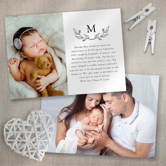 Modern Monogram Laurel Photo Birth Announcement (Creator Uploaded)