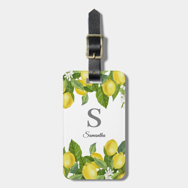 Modern Monogram Lemon Citrus Luggage Tag (Front Vertical)