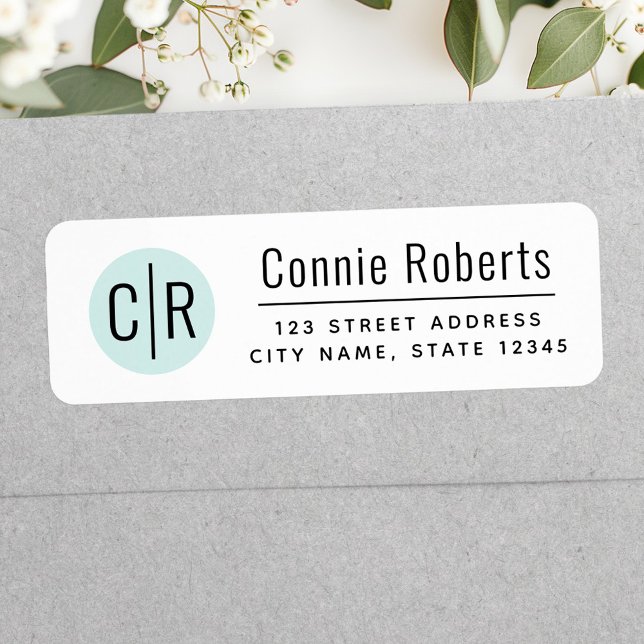 Modern monogram light aqua blue return address (Modern monogram light aqua blue return address label)