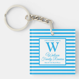 Modern Monogram Light Blue Stripes Family Reunion Keychain
