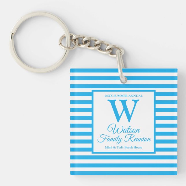 Modern Monogram Light Blue Stripes Family Reunion Keychain (Front)